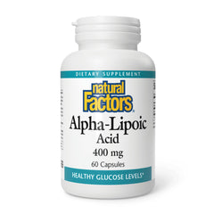 Natural Factors Alpha-Lipoic Acid 400 mg bottle promotes antioxidant support.
