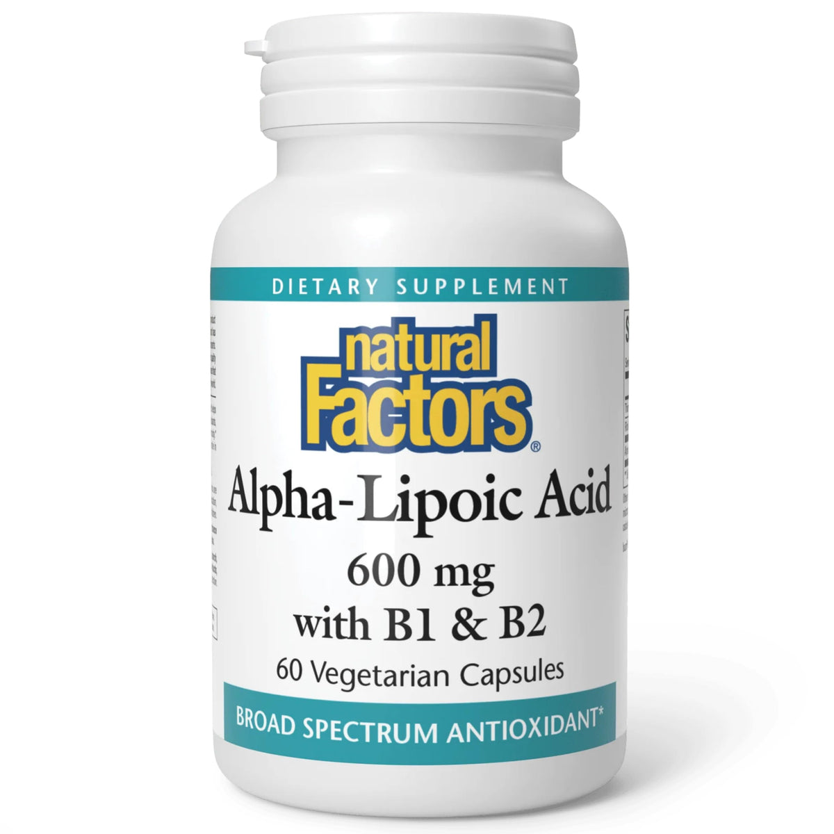 Natural Factors Alpha-Lipoic Acid + B 600 mg bottle and capsules for antioxidant support.