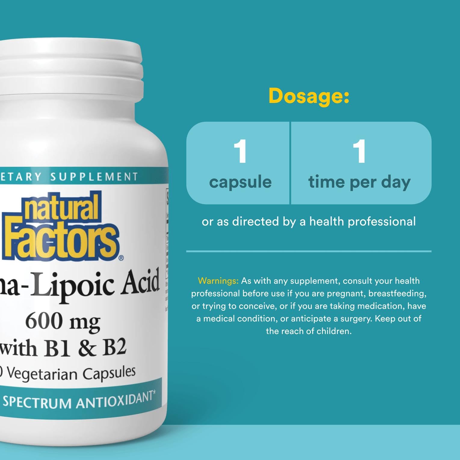 Natural Factors Alpha-Lipoic Acid + B 600 mg label with ingredient details.