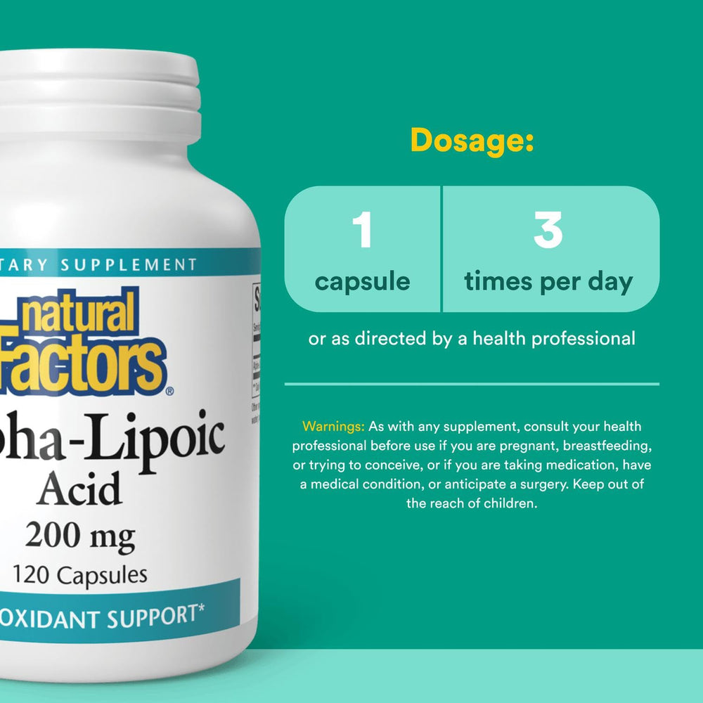 Natural Factors Alpha-Lipoic Acid label details close view showing ingredients and third-party testing.