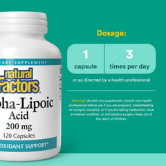 Natural Factors Alpha-Lipoic Acid label details close view showing ingredients and third-party testing.