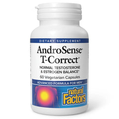 Natural Factors AndroSense T-Correct bottle front emphasizes quality support for men's hormonal metabolism