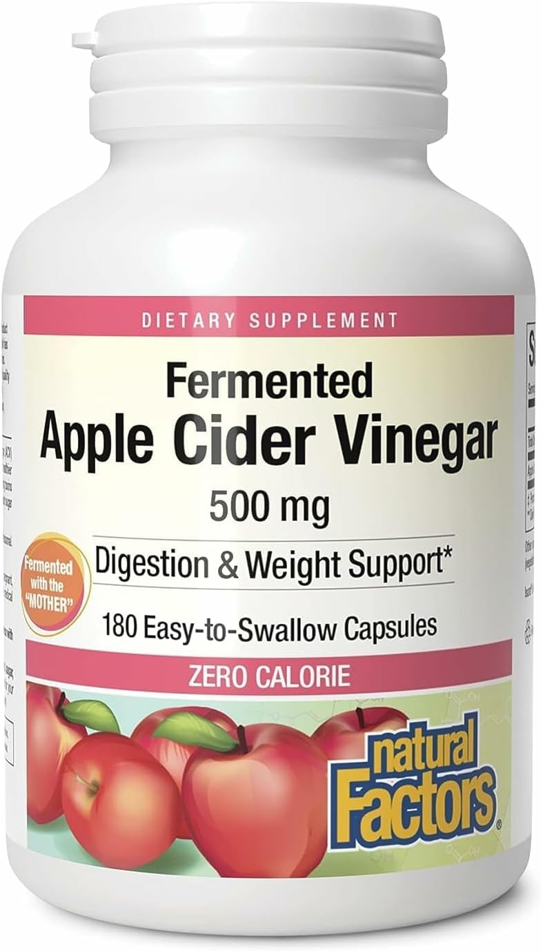 Natural Factors apple cider vinegar capsules bottle on kitchen shelf for digestion support