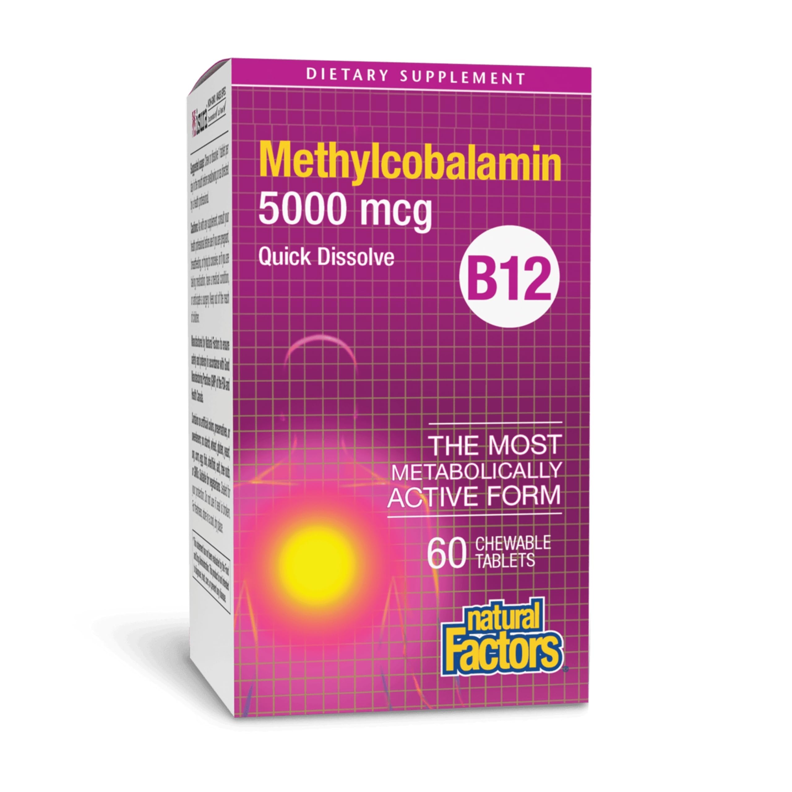 Natural Factors B12 chewable bottle shows 5000 mcg dose for daily energy support.