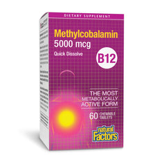 Natural Factors B12 chewable bottle shows 5000 mcg dose for daily energy support.