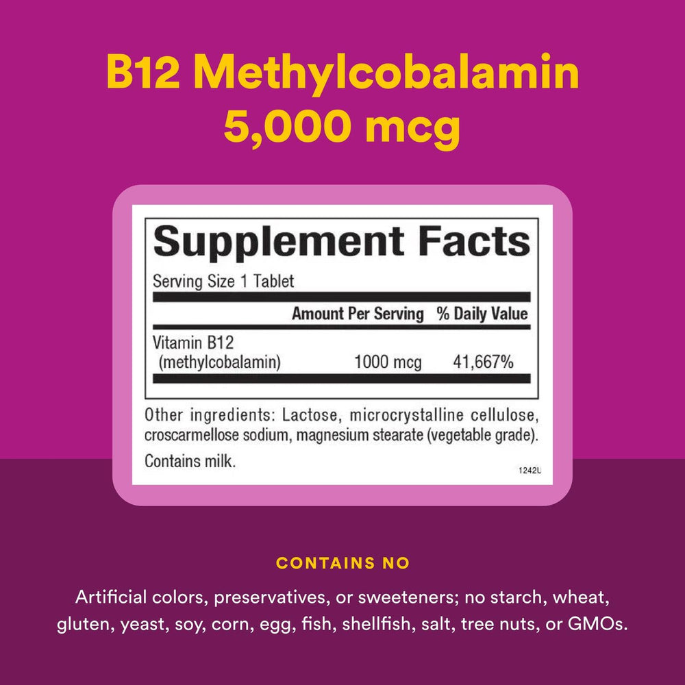 Natural Factors B12 methylcobalamin pack shows convenient daily dose.
