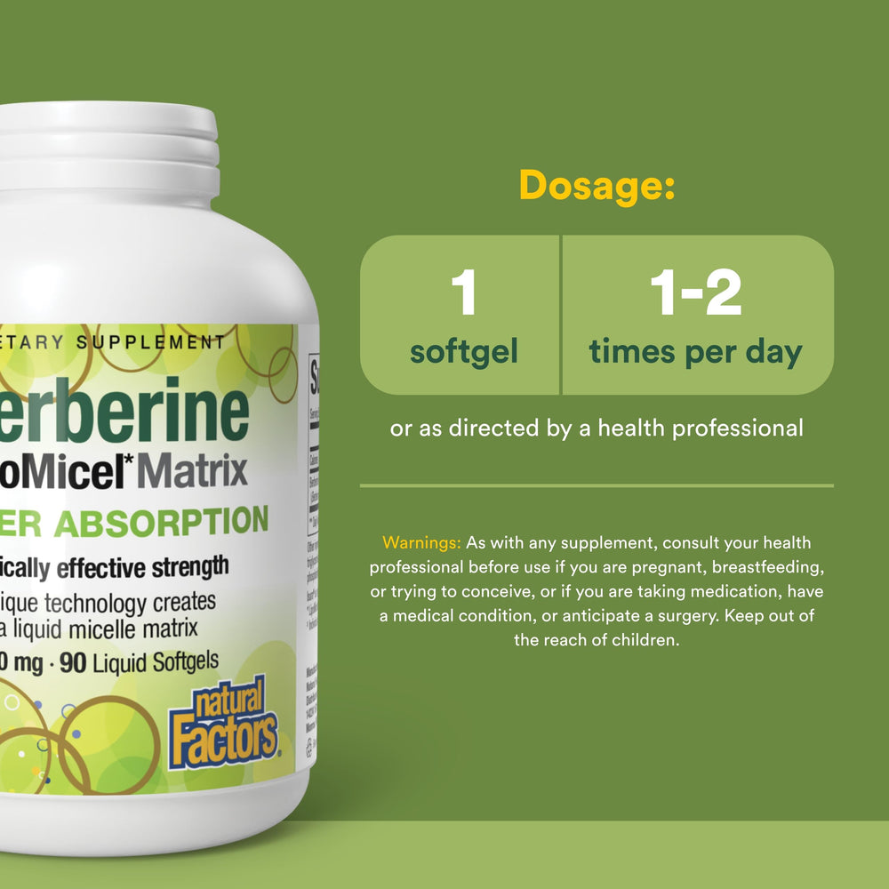 Natural Factors Berberine LipoMicel label detail shows 500 mg per capsule.