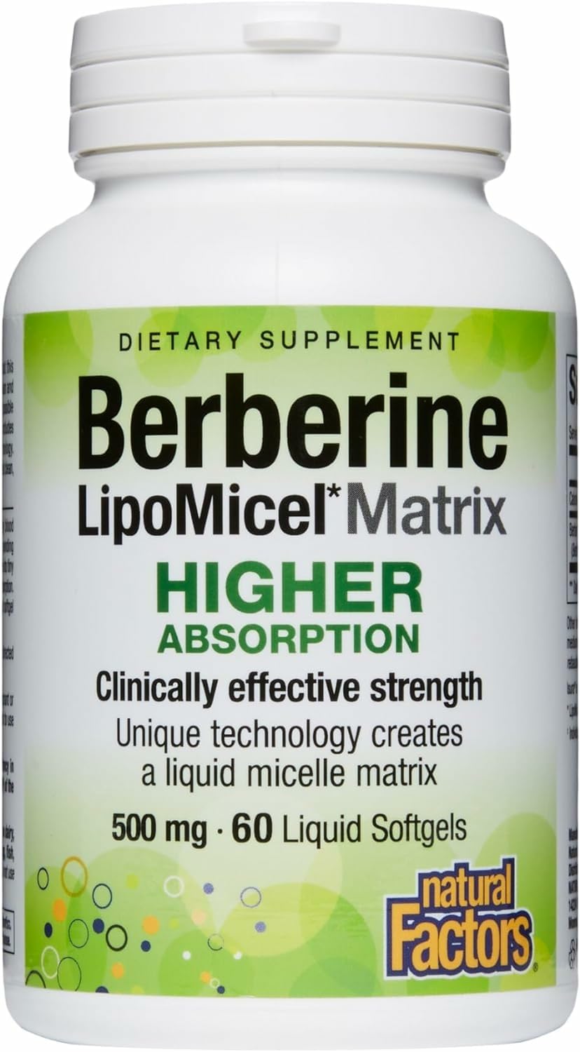 Natural Factors Berberine LipoMicel Matrix bottle shows gluten-free formulation
