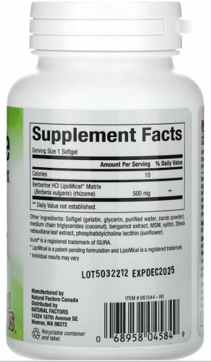Natural Factors Berberine LipoMicel Matrix capsules for daily metabolic support