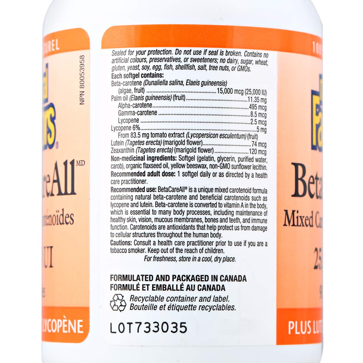Natural Factors BetaCareAll label packaging featuring blended carotenoids and sustainability details.