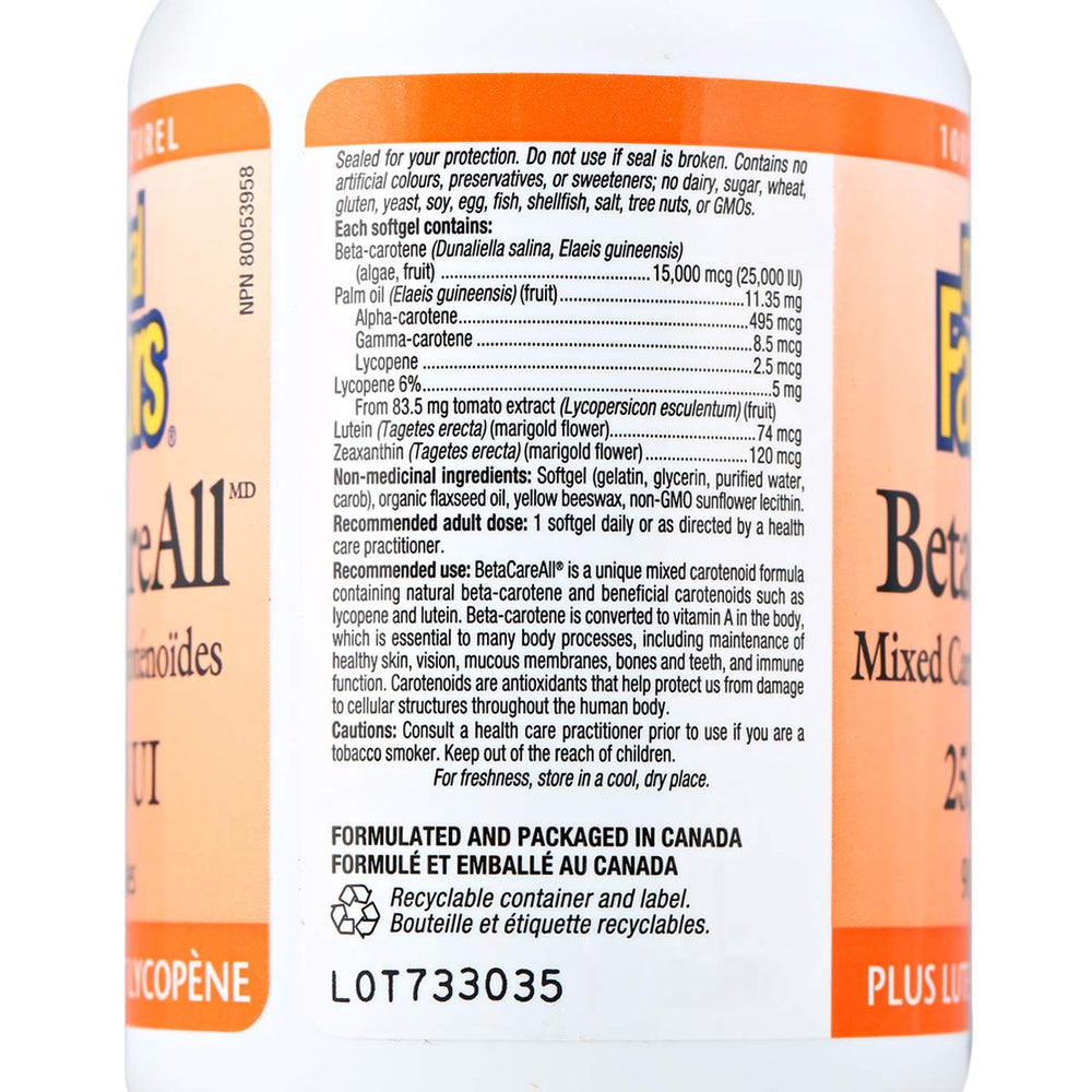 Natural Factors BetaCareAll label packaging featuring blended carotenoids and sustainability details.