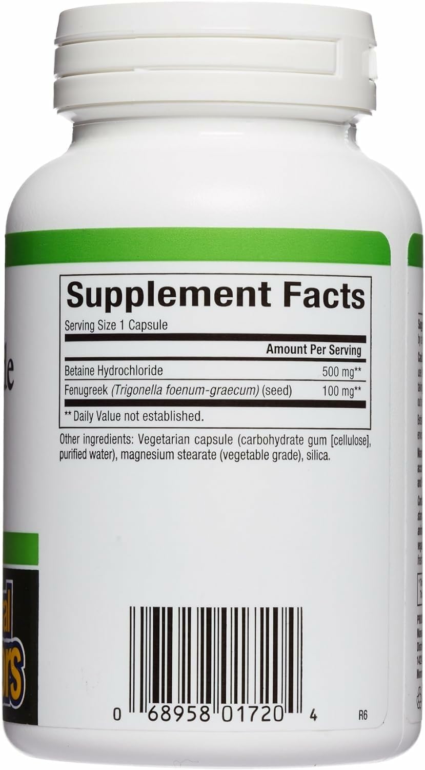 Natural Factors Betaine HCL 500mg bottle pour showing convenient mealtime serving.