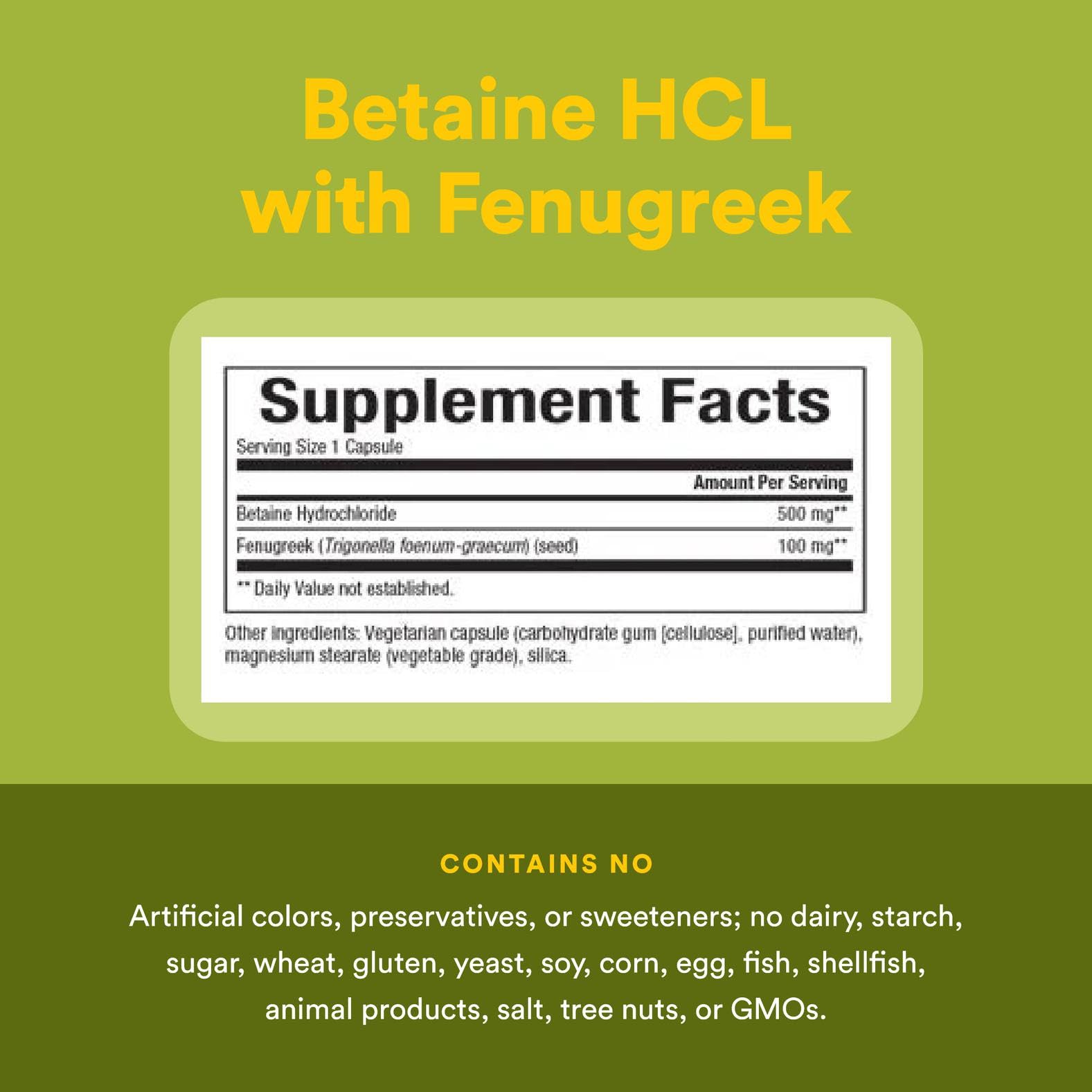 Natural Factors Betaine HCL 500mg label closeup with ingredient details.
