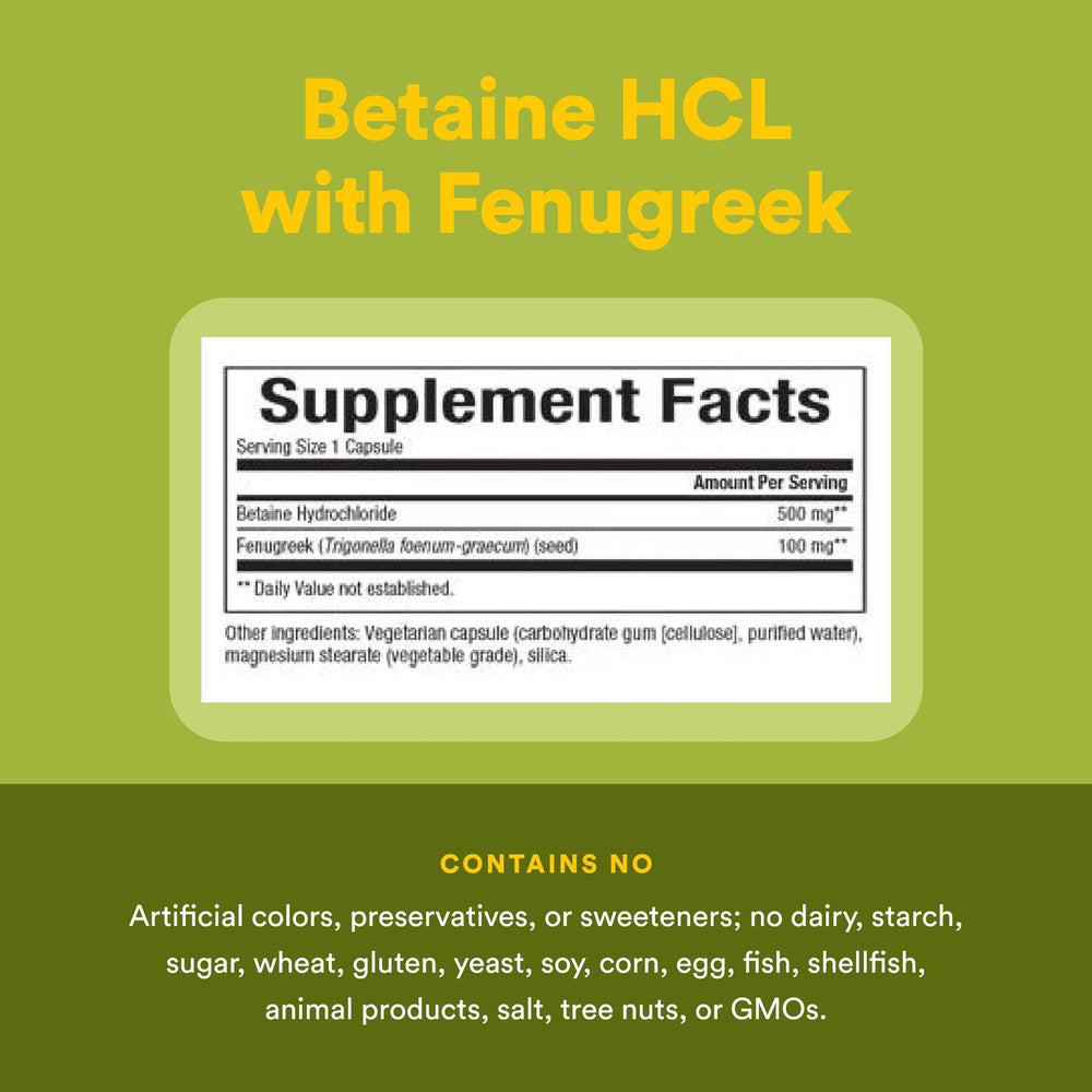 Natural Factors Betaine HCL 500mg label closeup with ingredient details.