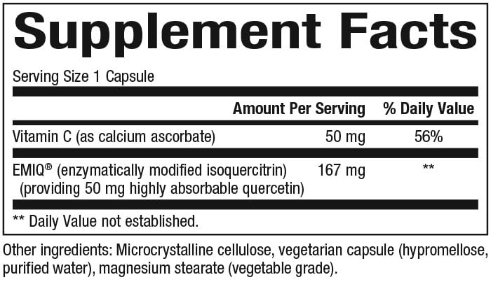 Natural Factors EMIQ quercetin capsules closeup highlighting absorption and daily use.