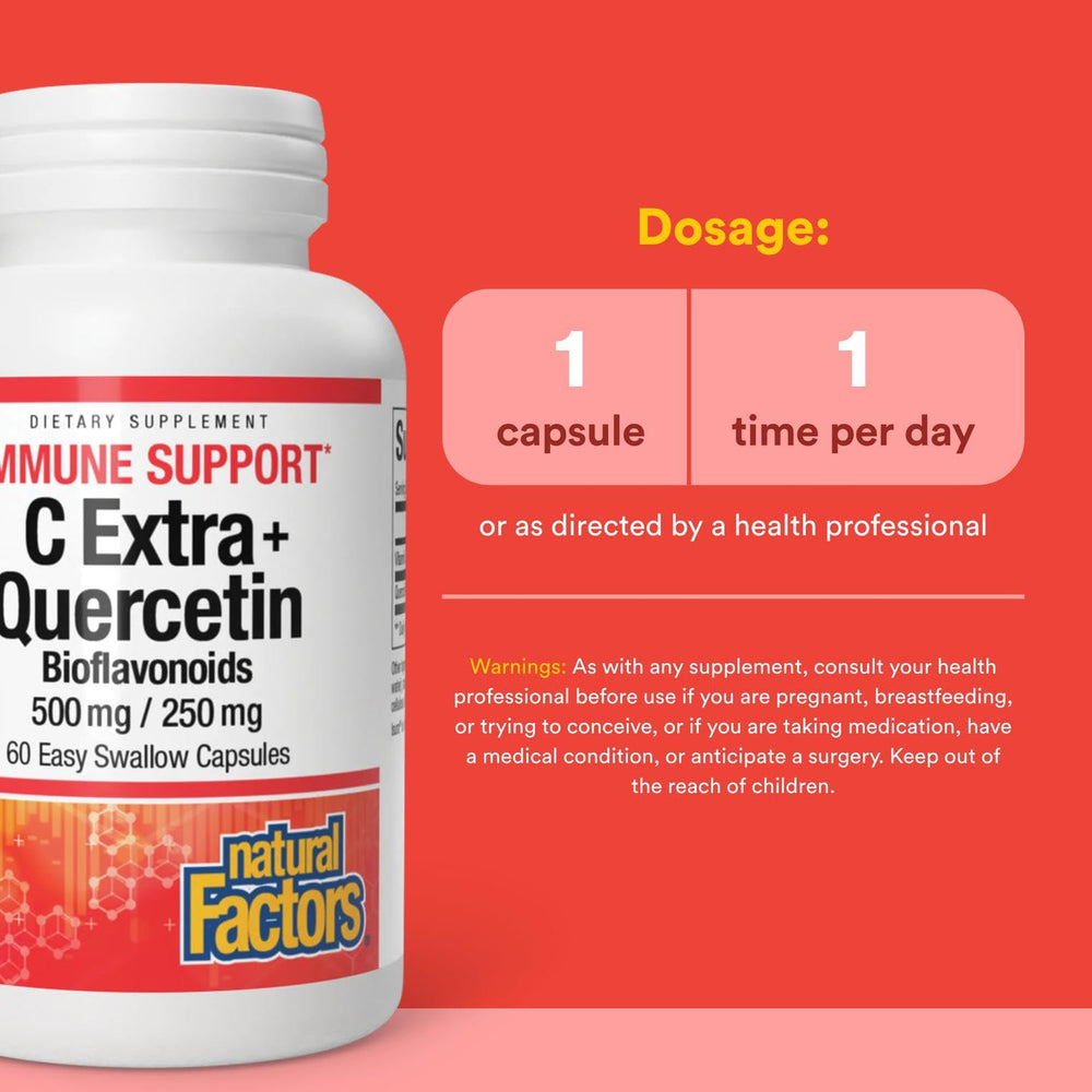 Natural Factors C Extra + Quercetin capsules easy-swallow with smooth capsule design for daily use.