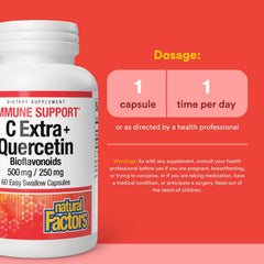 Natural Factors C Extra + Quercetin capsules easy-swallow with smooth capsule design for daily use.