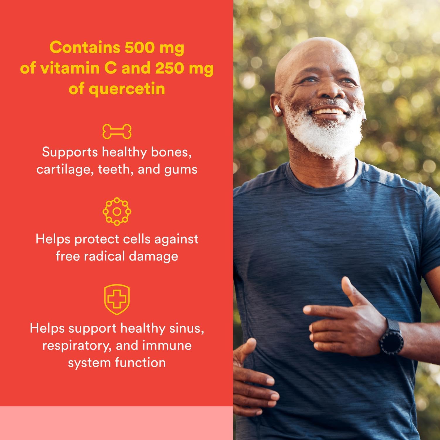 Natural Factors C Extra + Quercetin label closeup highlights ingredients and verification marks.