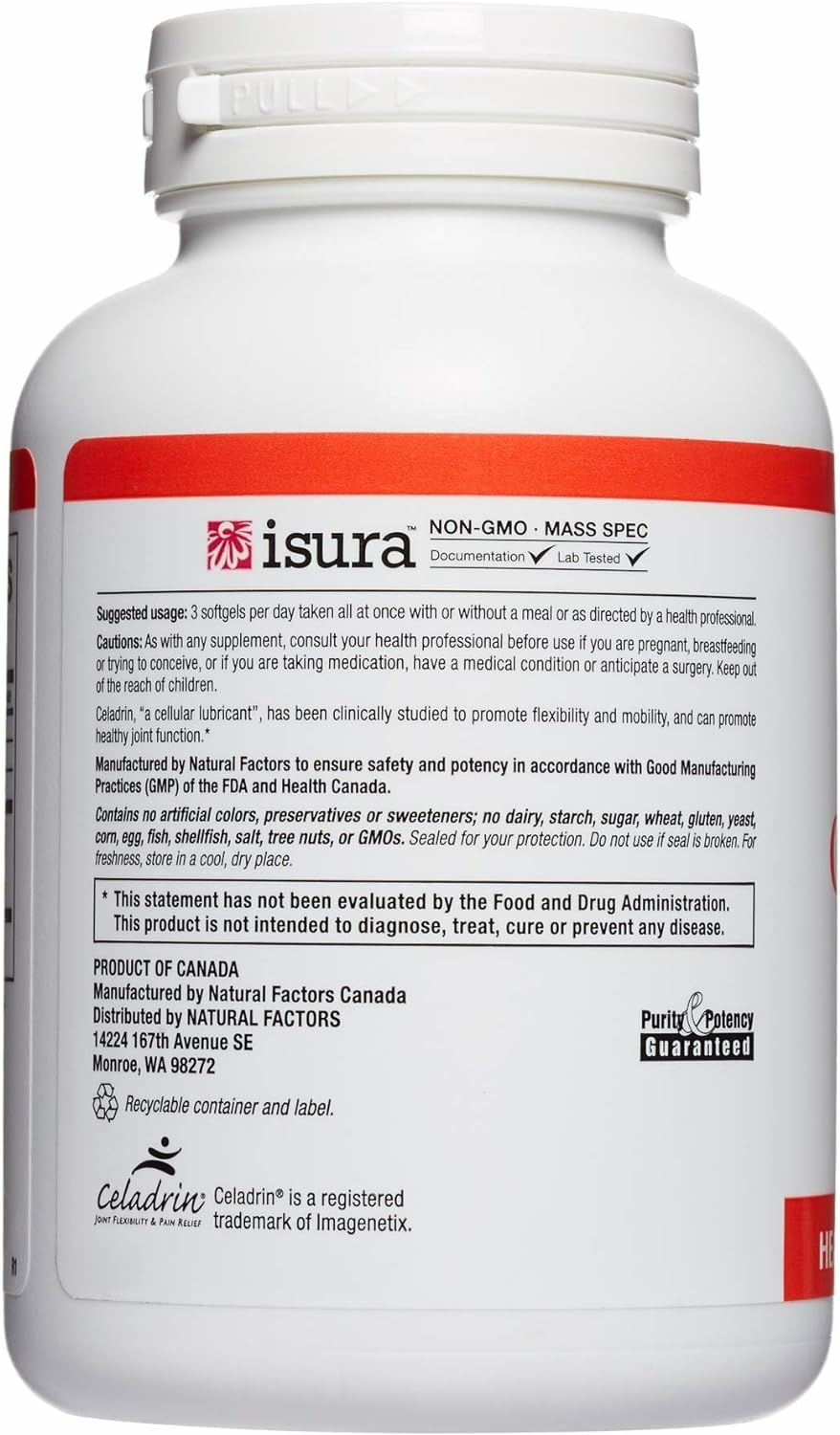 Natural Factors Celadrin label closeup highlighting purity and ingredients