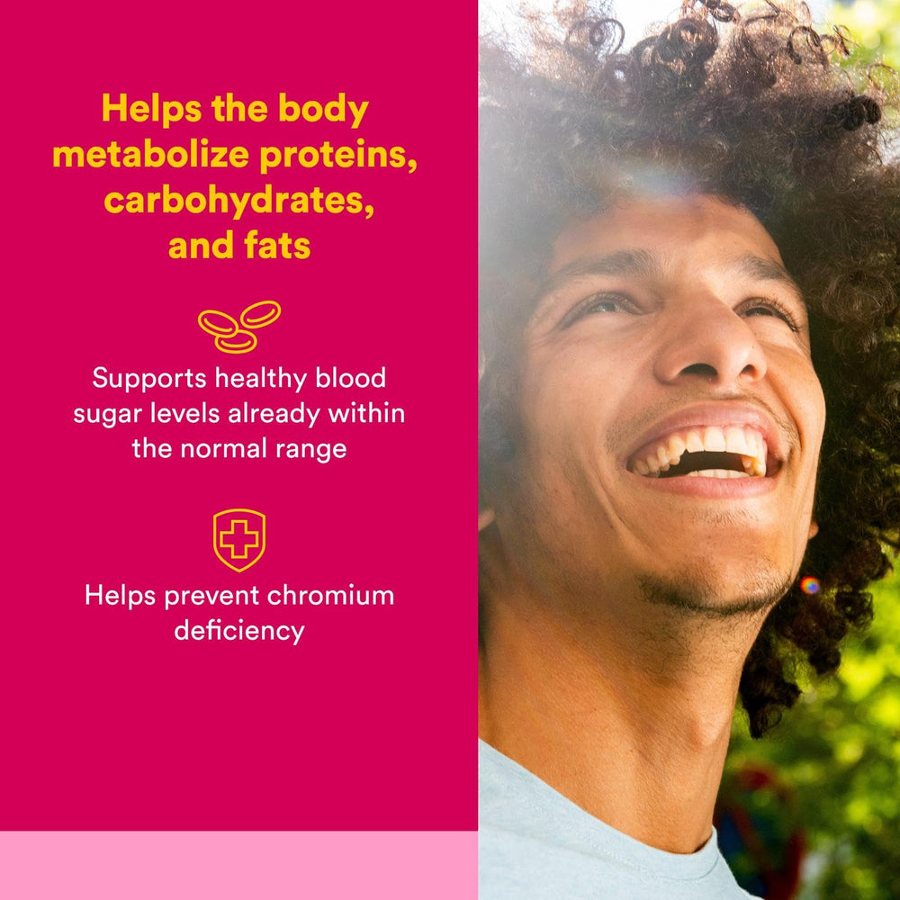 Natural Factors chromium picolinate bottle label showing 90 tablets and purity testing