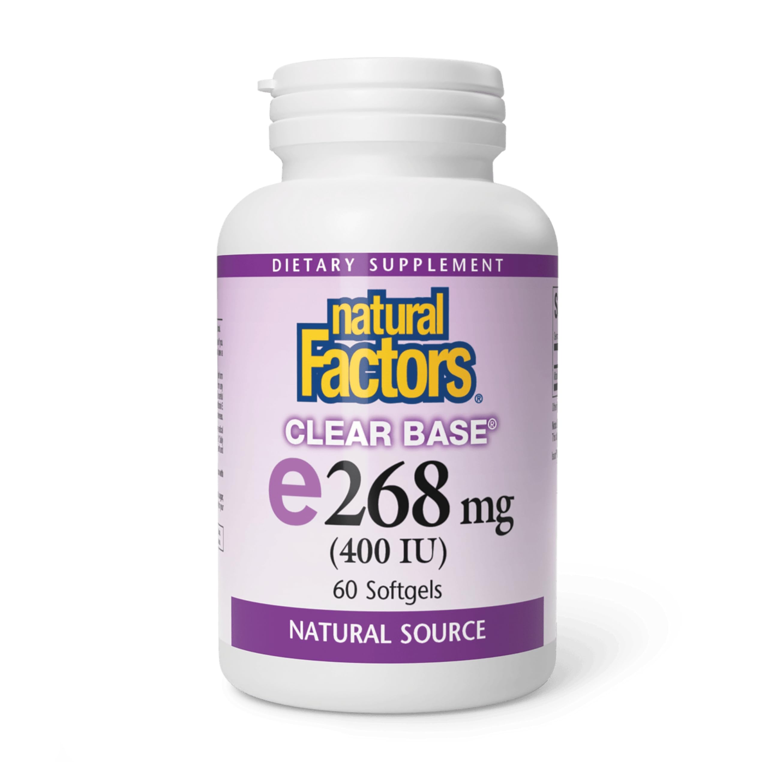 Natural Factors Clear Base Vitamin E 400 IU bottle highlighting antioxidant support.