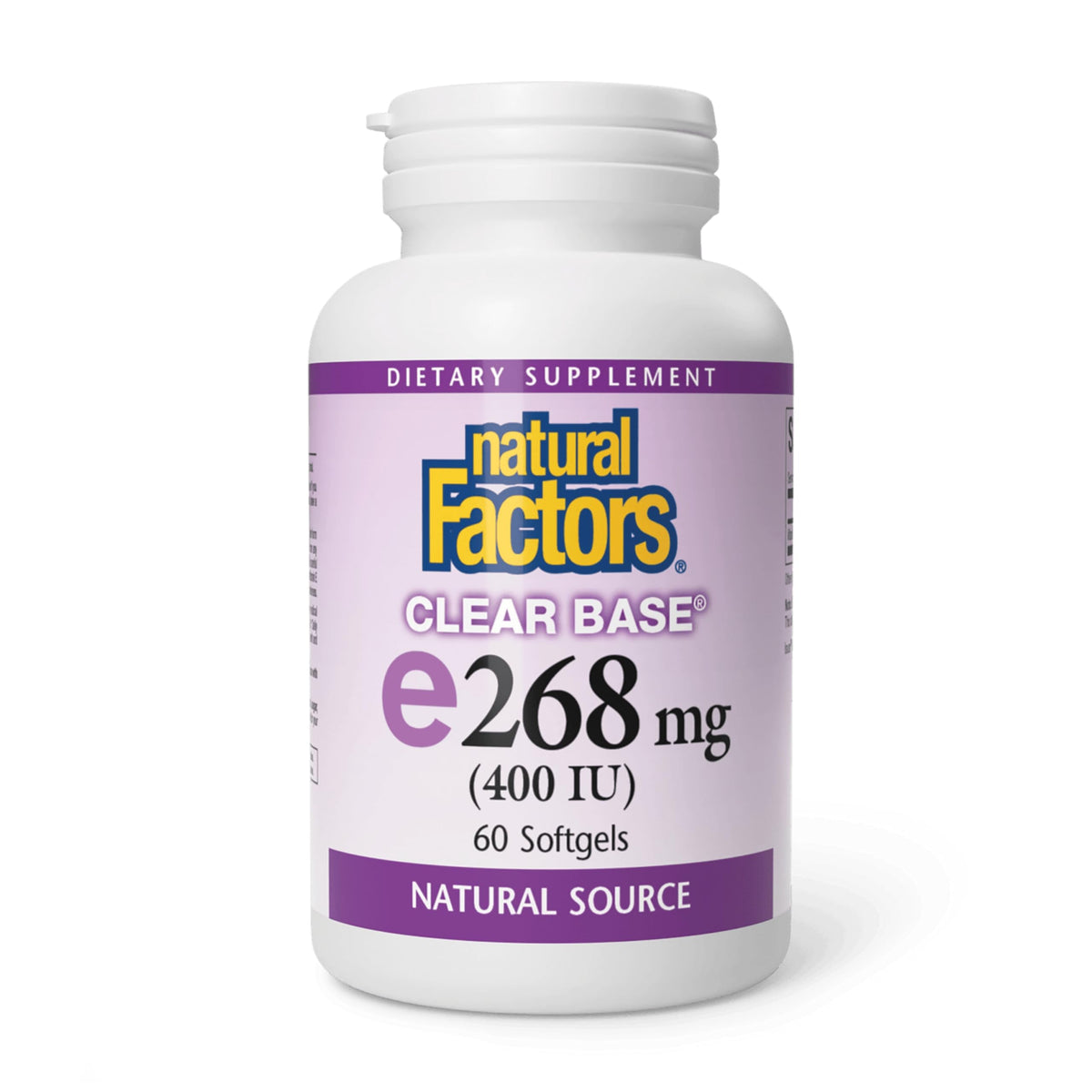 Natural Factors Clear Base Vitamin E 400 IU bottle highlighting antioxidant support.