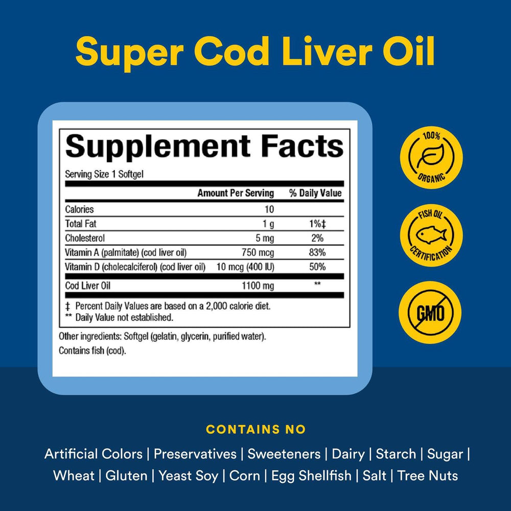 Label graphic of Natural Factors Cod Liver Oil emphasizing pure ingredients