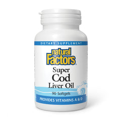 Natural Factors Cod Liver Oil softgel bottle showing vitamins A and D for vision and bone support