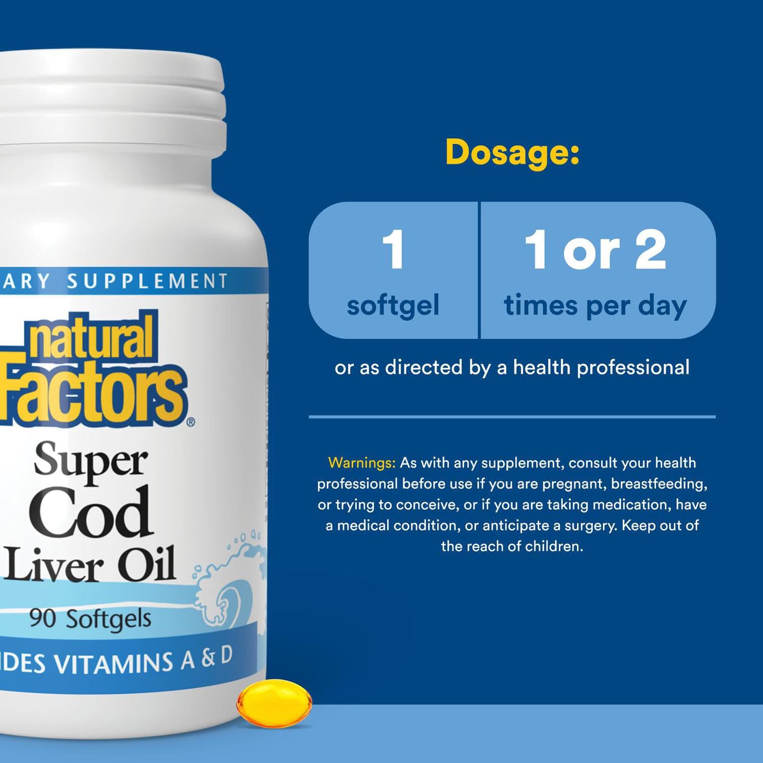 Closeup of Natural Factors Cod Liver Oil softgel capsule for easy swallowing