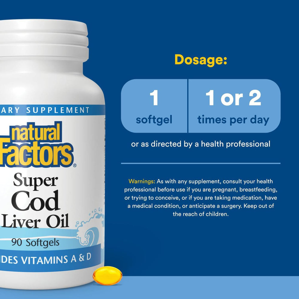 Closeup of Natural Factors Cod Liver Oil softgel capsule for easy swallowing