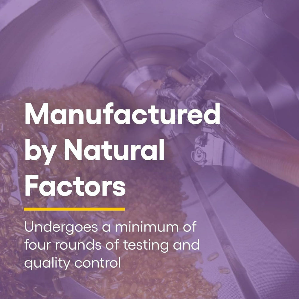 Natural Factors CoQ10 capsules poured from bottle for convenient daily use.