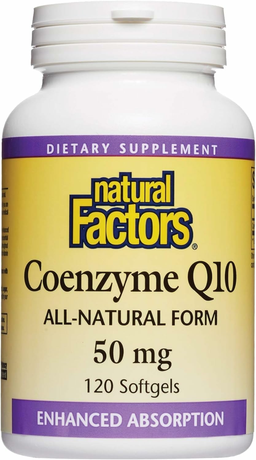 Natural Factors CoQ10 50mg bottle signaling energy support.