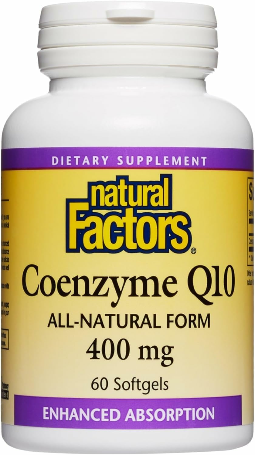 Natural Factors CoQ10 bottle front view highlighting energy support and heart health