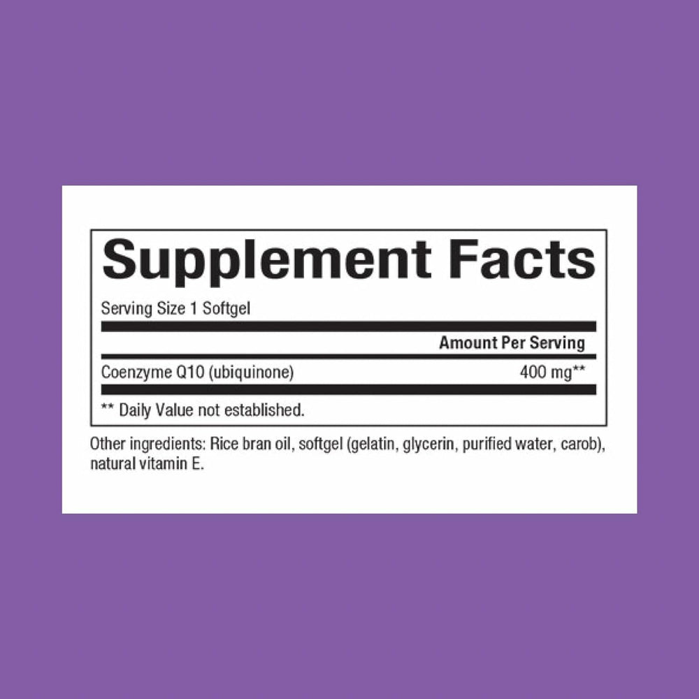 Close-up of Natural Factors CoQ10 softgels showing 400 mg per serving