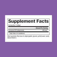 Close-up of Natural Factors CoQ10 softgels showing 400 mg per serving