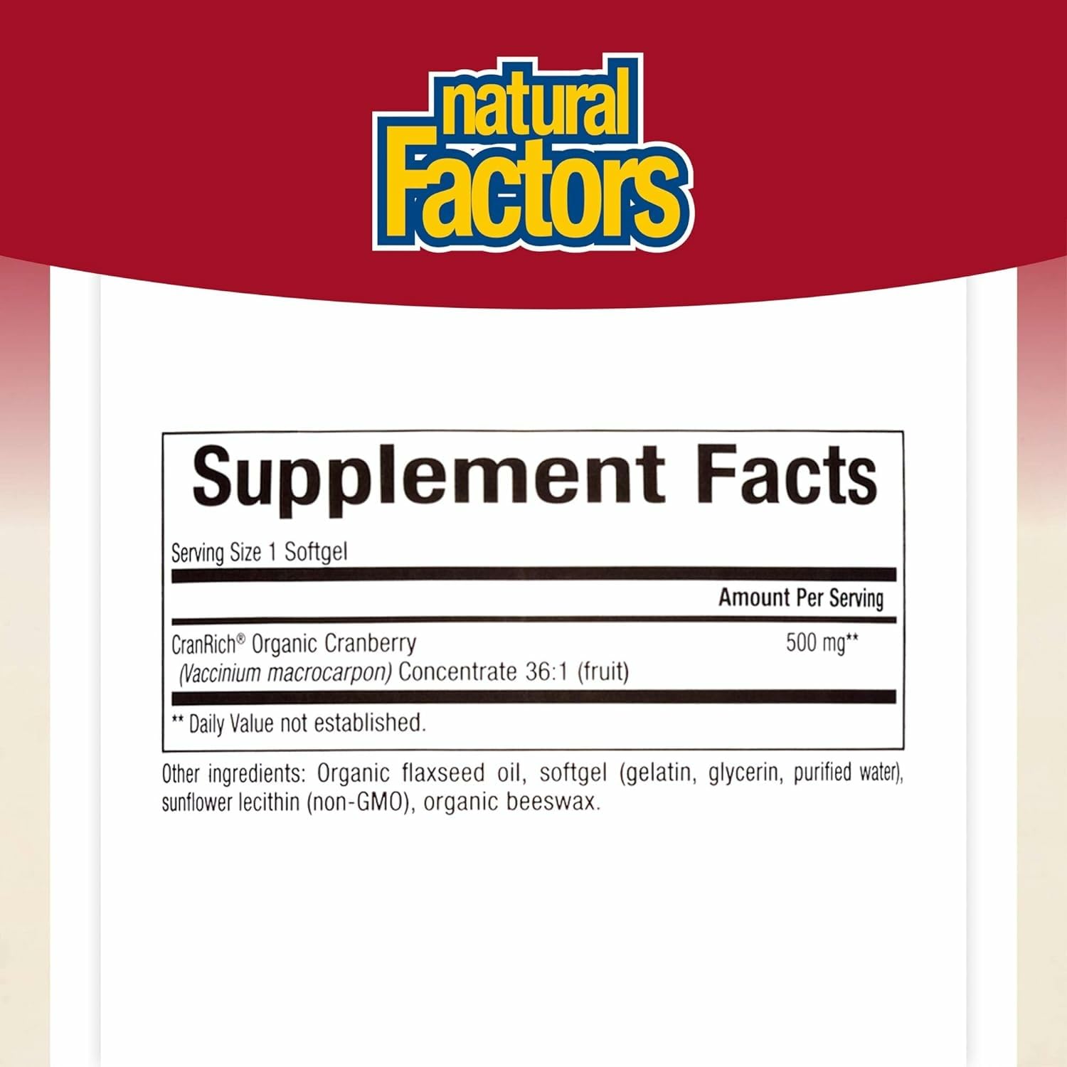 Natural Factors CranRich bottle label closeup highlighting non-GMO formula and antioxidant power