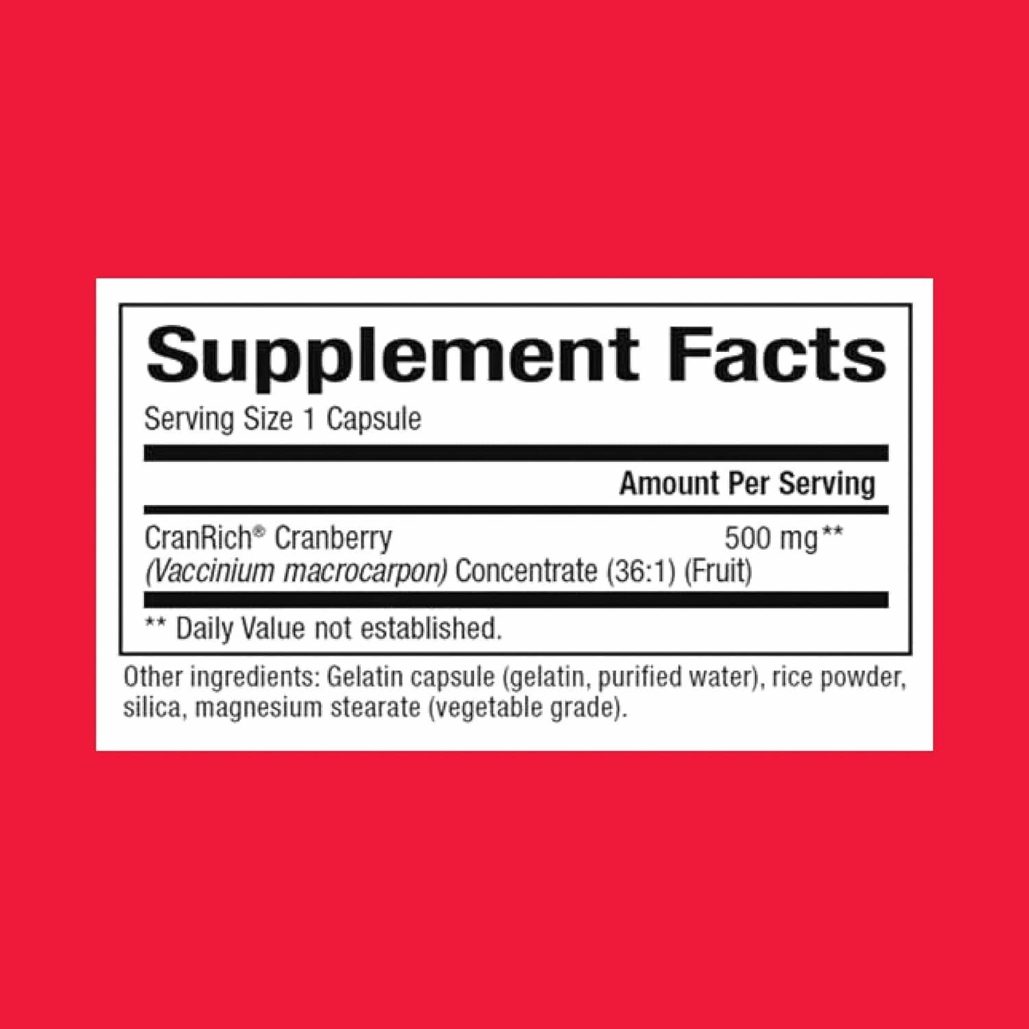 Natural Factors CranRich bottle side view highlighting packaging and easy daily dosing.