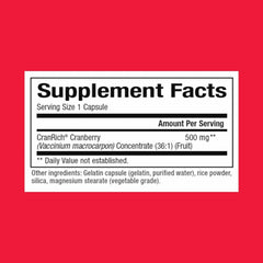 Natural Factors CranRich bottle side view highlighting packaging and easy daily dosing.