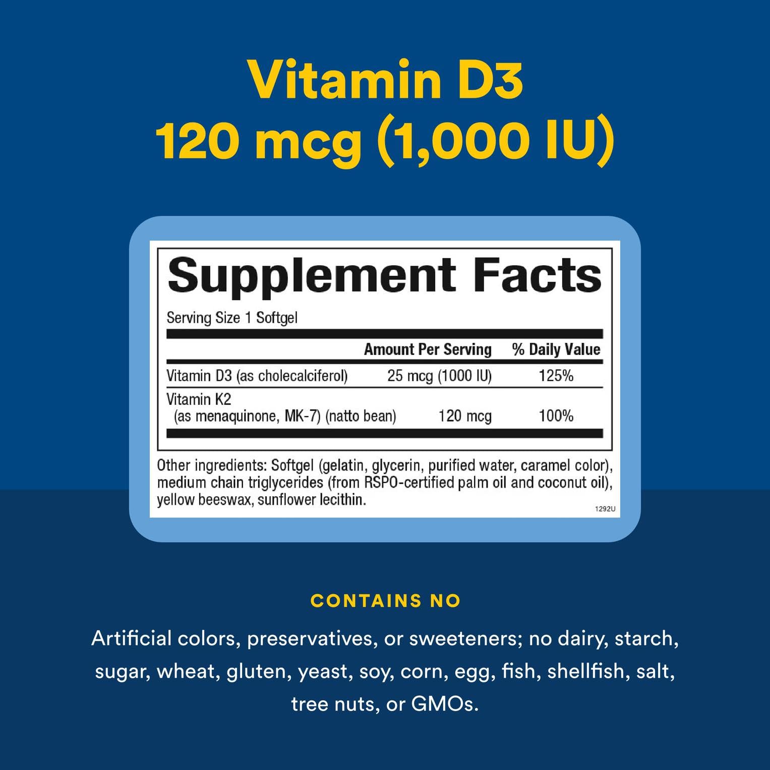 Natural Factors D3 K2 softgels ingredients label for transparency and purity.