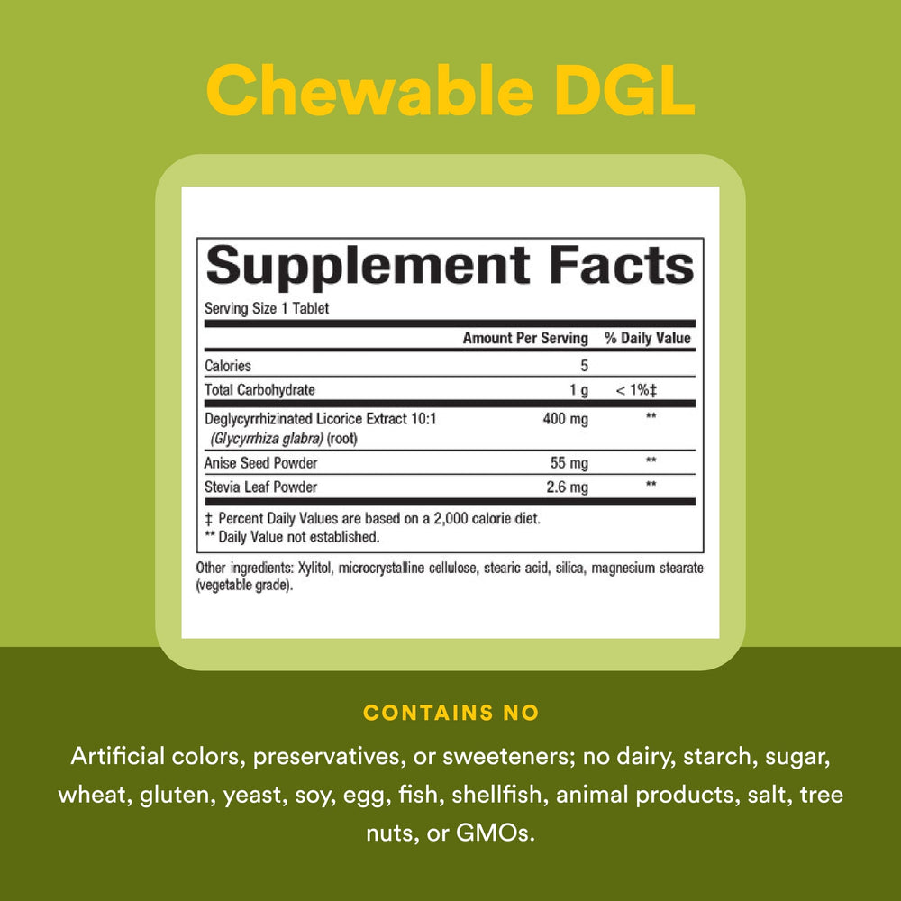 Natural Factors DGL chewable licorice ingredient detail emphasizes natural root extract