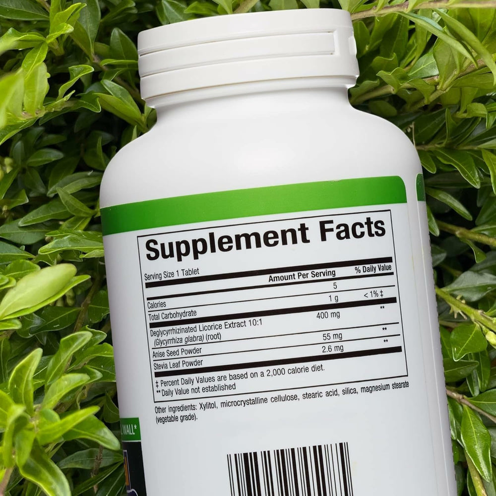 Close-up of Natural Factors DGL chewable tablets supporting stomach comfort