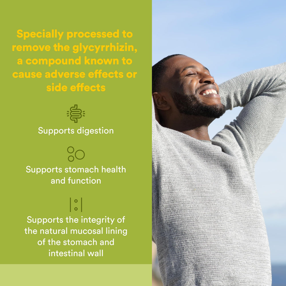 Natural Factors DGL chewable tablets close-up showing licorice flavor and gentle support