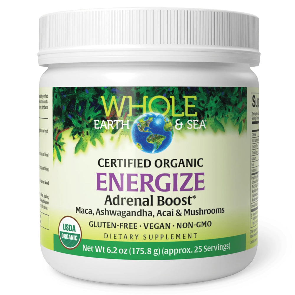Natural Factors Energize Adrenal Boost tub label highlighting organic ingredients for daily energy