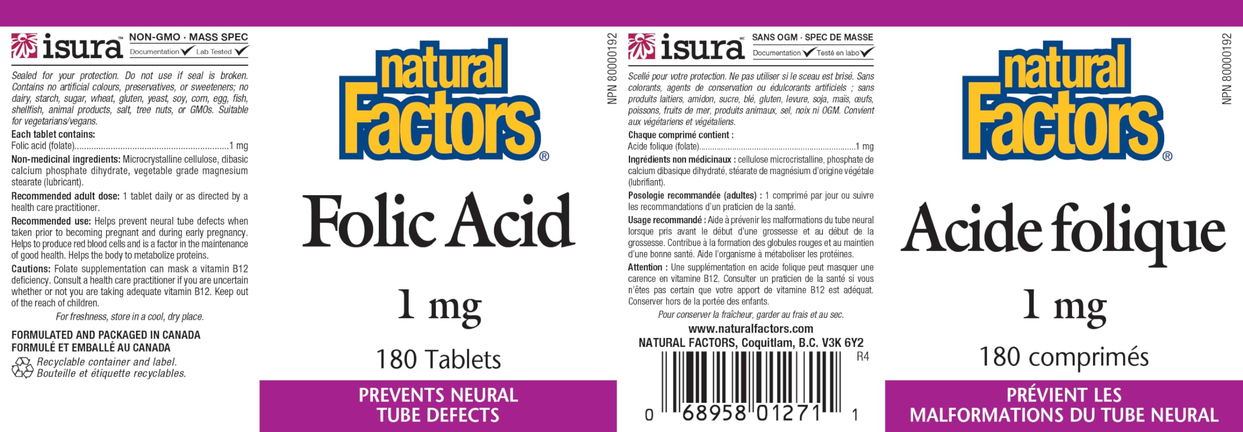 Natural Factors Folic Acid tablets close-up showing small, round pills for daily supplementation.