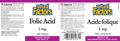 Natural Factors Folic Acid tablets close-up showing small, round pills for daily supplementation.