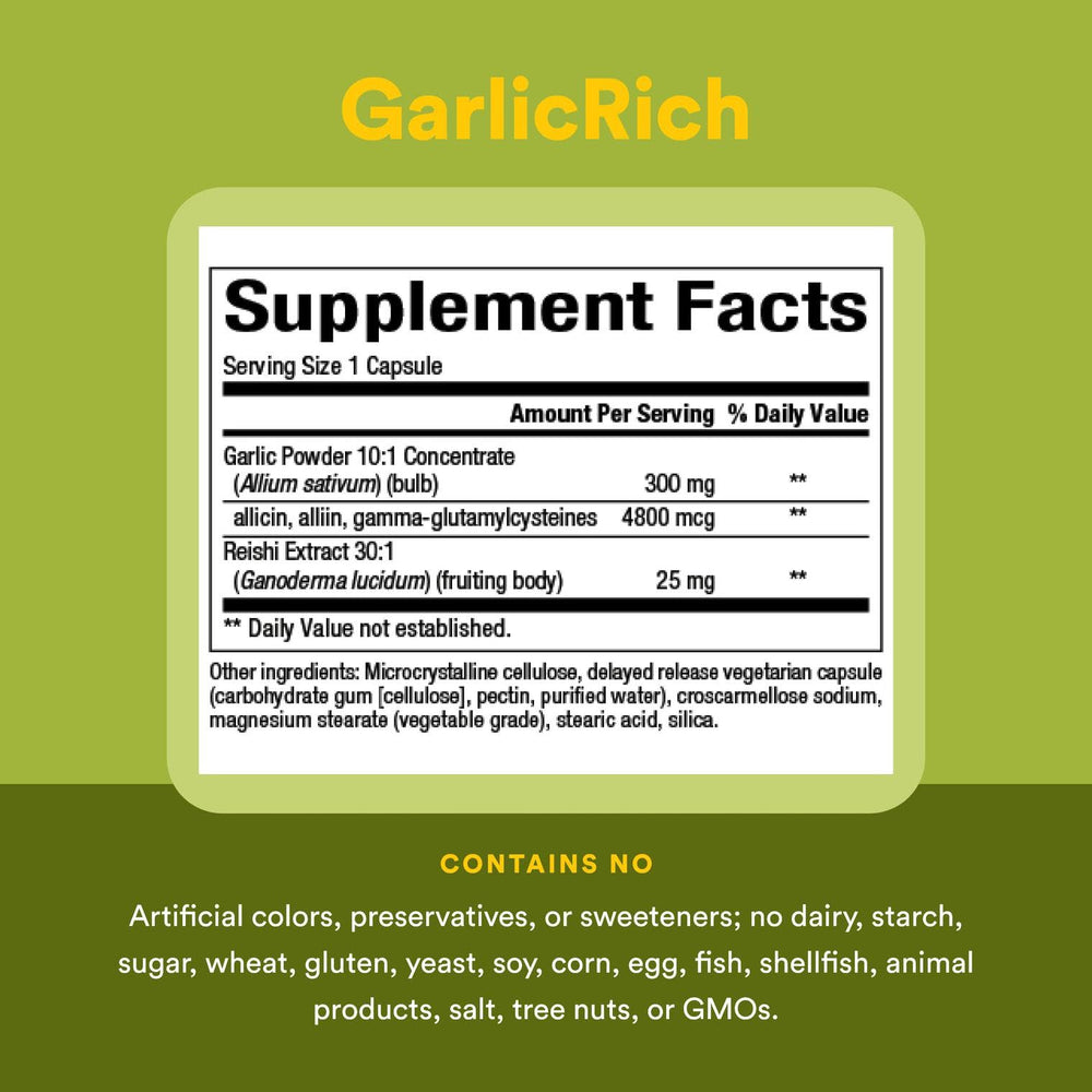 Natural Factors GarlicRich reishi-mushroom extract panel indicates adaptogenic support.
