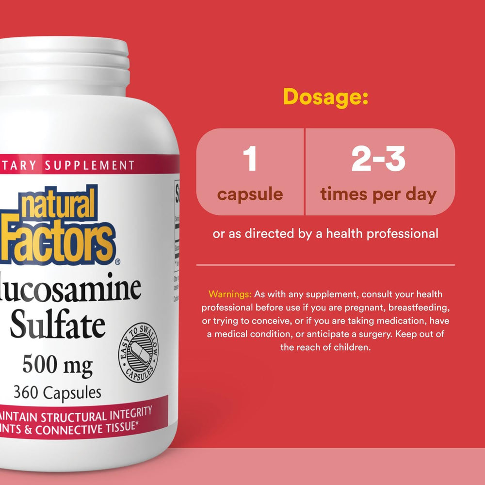 Natural Factors Glucosamine Sulfate label highlighting potency and testing.