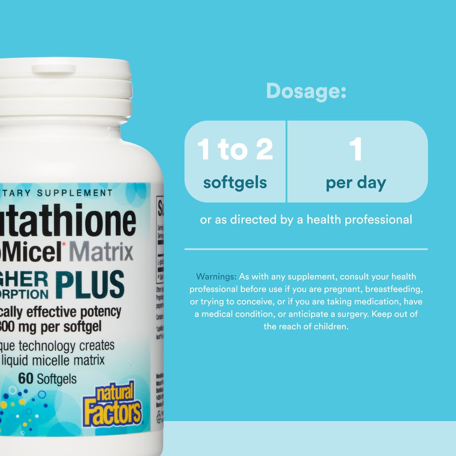 Natural Factors Glutathione LipoMicel Matrix label detail highlighting 300 mg per capsule potency