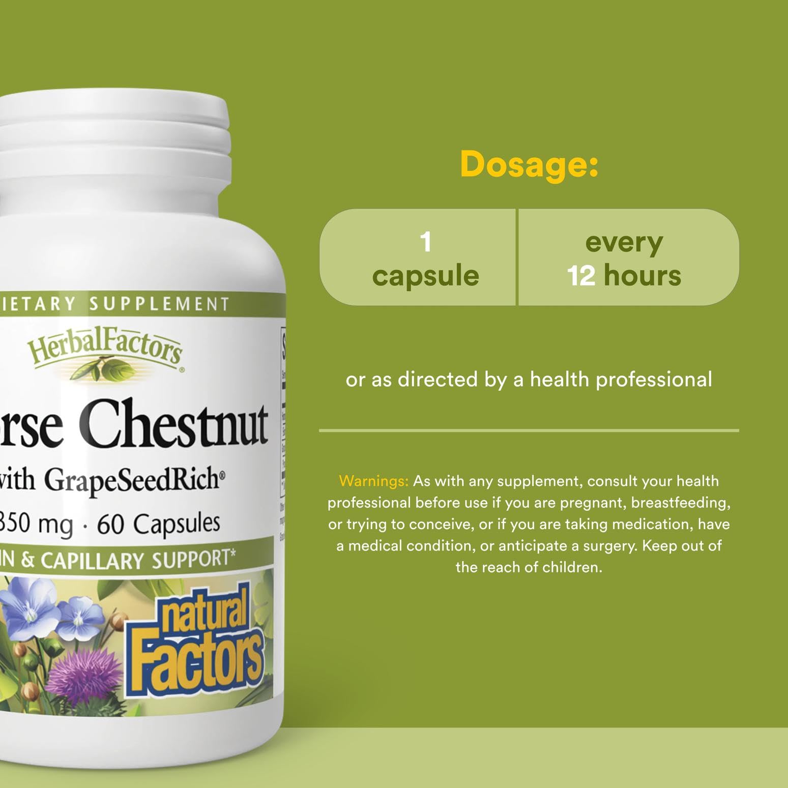 Natural Factors grape-seed extract bottle highlighting antioxidant support for capillary health.