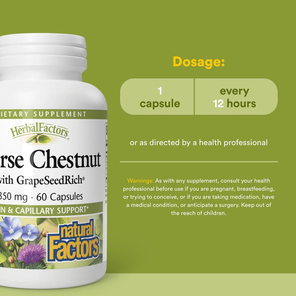 Natural Factors grape-seed extract bottle highlighting antioxidant support for capillary health.